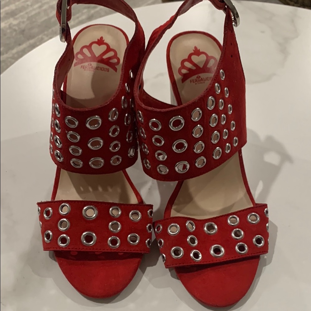 Vibrant Red Sandals with Ankle Strap and Metallic Embellishments